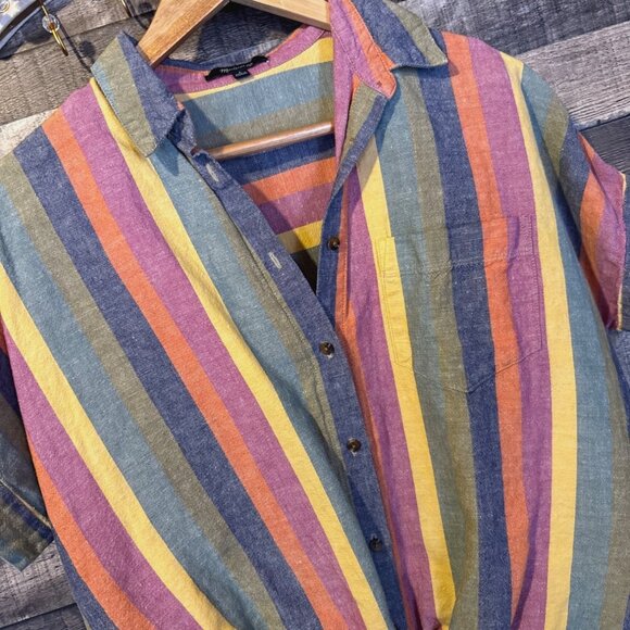 Madewell Striped Linen Short Sleeve Tie Front Shirt S Fall Rainbow Stripe - Picture 6 of 6